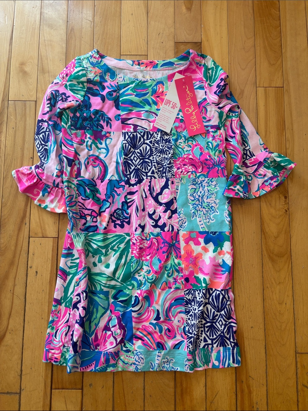 Lilly Pulitzer Patchwork Print Ruffle Sleeve  Girls Dress - Pink Multi